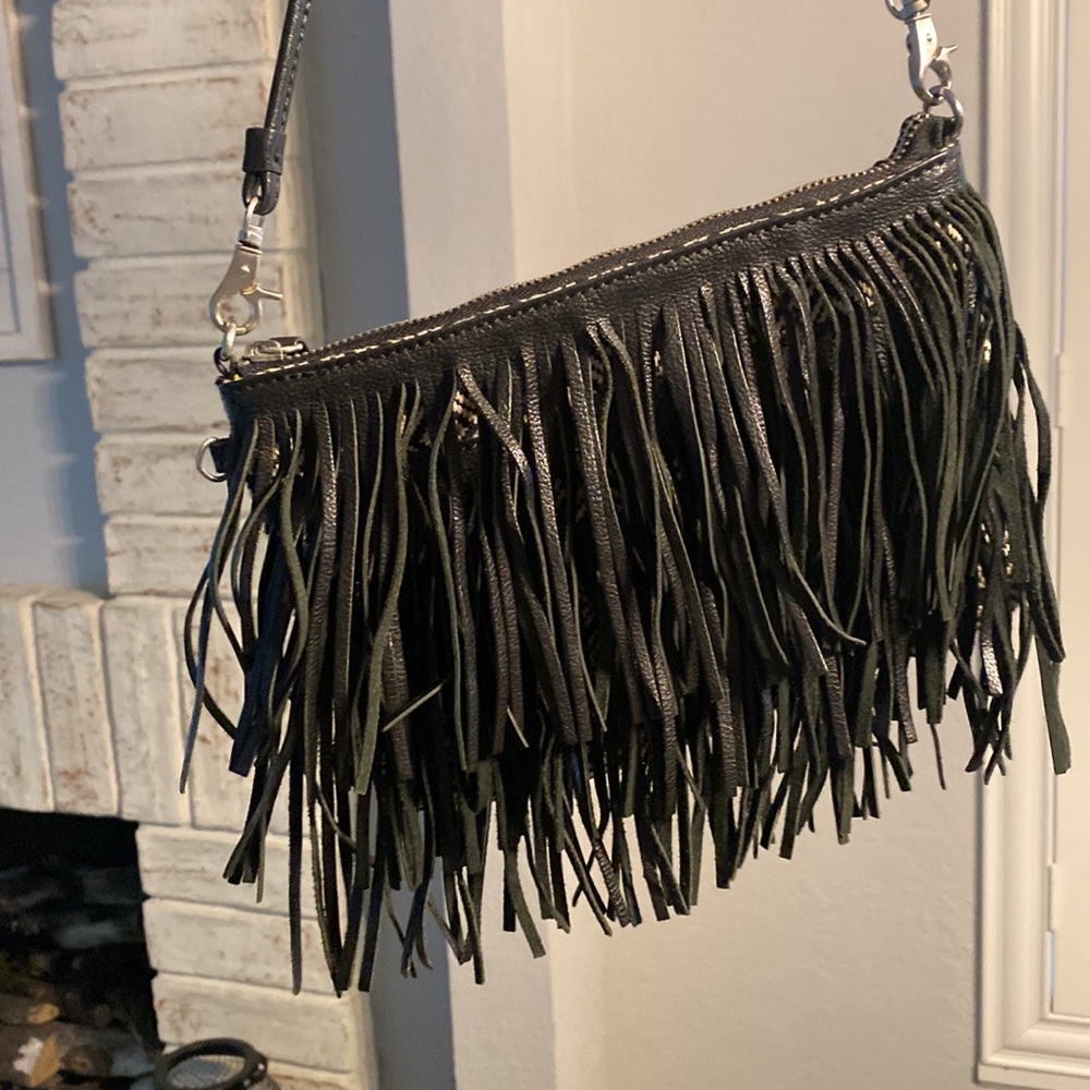Sam Edelman Handbag / Black Leather Fringe w/ Back Black and Ivory Fabric Purse - Picture 3 of 4